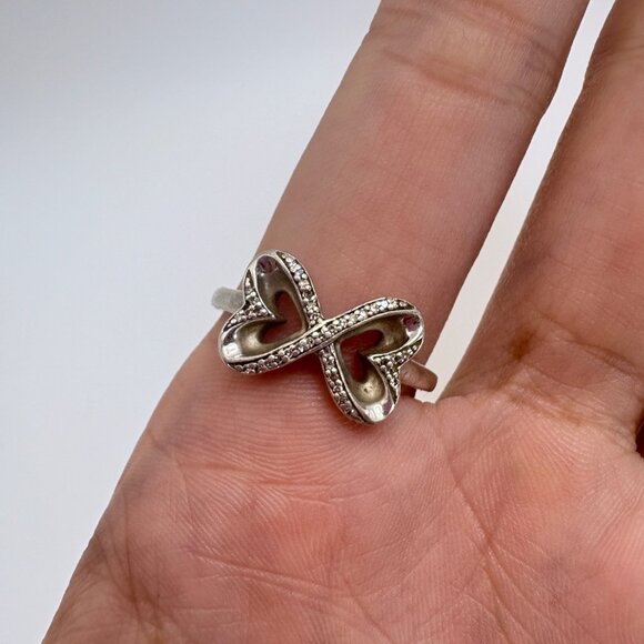 VTG Sterling Silver 925 Natural Diamond Open Hearts Infinity Ring Size 10.25 - Picture 7 of 9